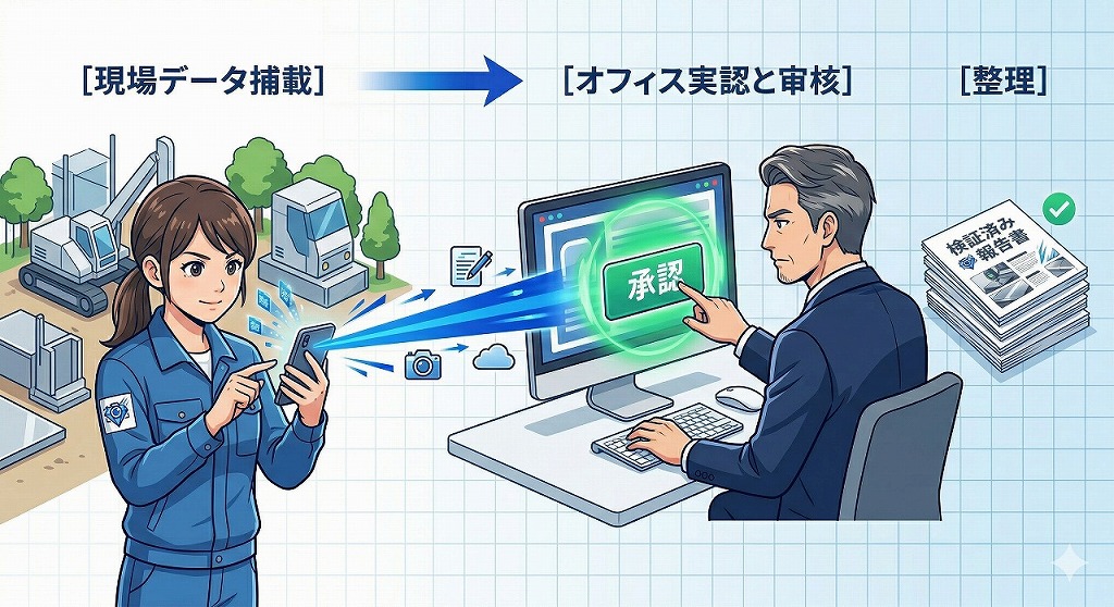 現場データ捕捉 → オフィスで承認 → 検証済み報告書 の承認フロー図